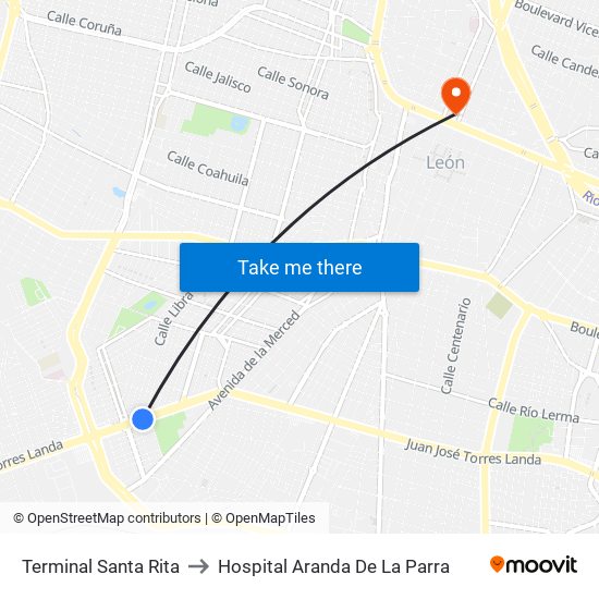 Terminal Santa Rita to Hospital Aranda De La Parra map