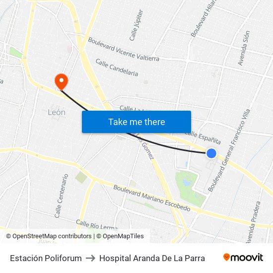 Estación Poliforum to Hospital Aranda De La Parra map