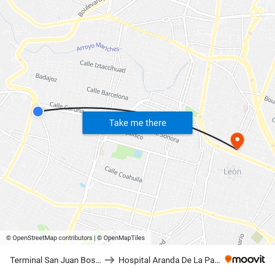 Terminal San Juan Bosco to Hospital Aranda De La Parra map