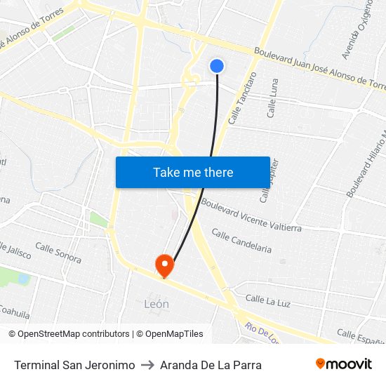 Terminal San Jeronimo to Aranda De La Parra map