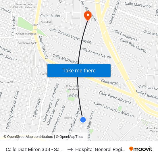 Calle Díaz Mirón 303 - San Juan De Dios to Hospital General Regional De León map