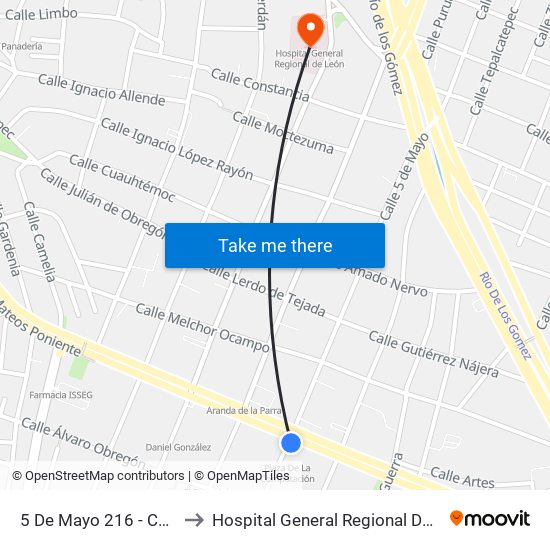 5 De Mayo 216 - Centro to Hospital General Regional De León map