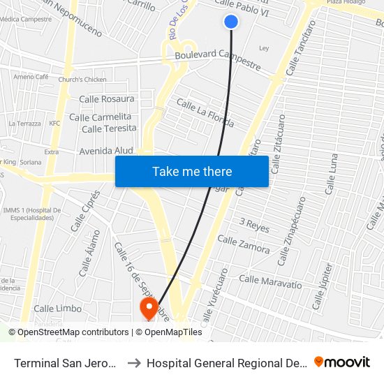 Terminal San Jeronimo to Hospital General Regional De León map