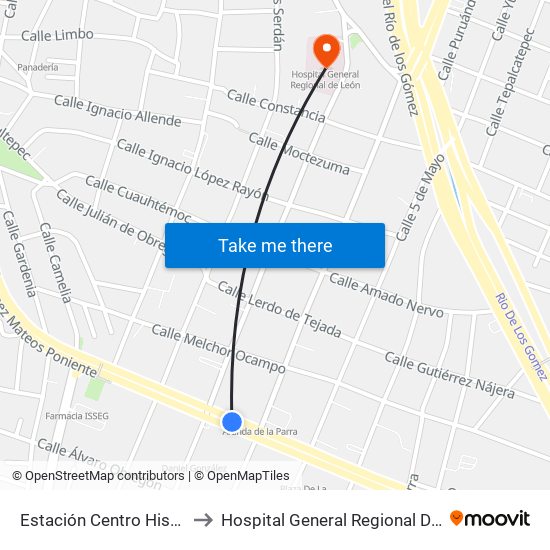 Estación Centro Histórico to Hospital General Regional De León map