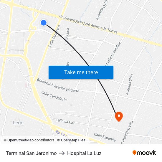 Terminal San Jeronimo to Hospital La Luz map