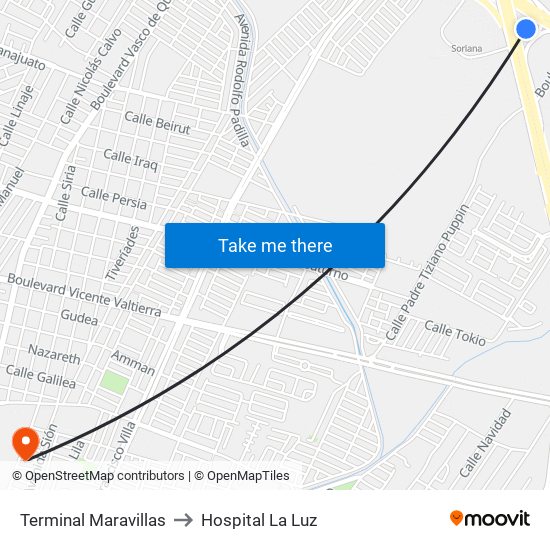 Terminal Maravillas to Hospital La Luz map