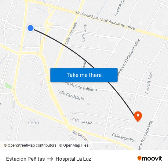 Estación Peñitas to Hospital La Luz map