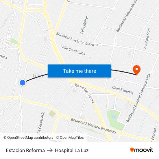 Estación Reforma to Hospital La Luz map