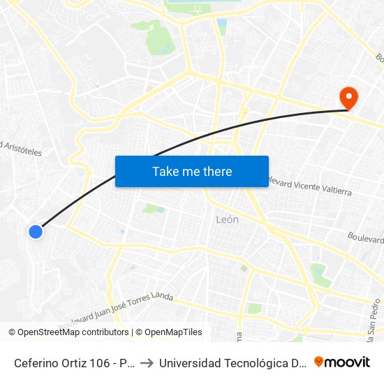 Ceferino Ortiz 106 - Paseos De Miravalle to Universidad Tecnológica De México Campus León map