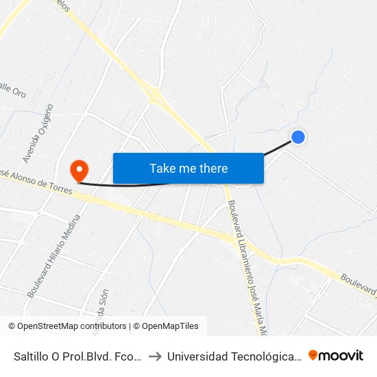 Saltillo O Prol.Blvd. Fco. Villa - Santa Magdalena to Universidad Tecnológica De México Campus León map