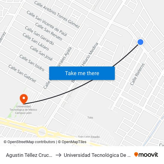 Agustin Téllez Cruces - Deportiva II to Universidad Tecnológica De México Campus León map