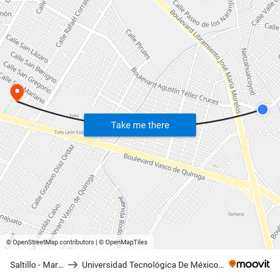 Saltillo - Maravillas to Universidad Tecnológica De México Campus León map