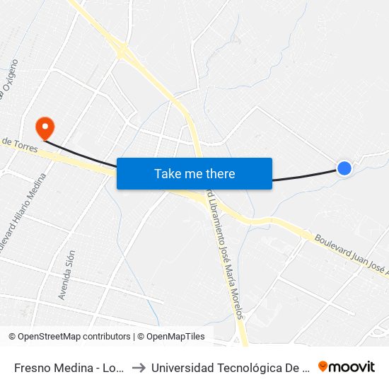 Fresno Medina - Lomas De Medina to Universidad Tecnológica De México Campus León map