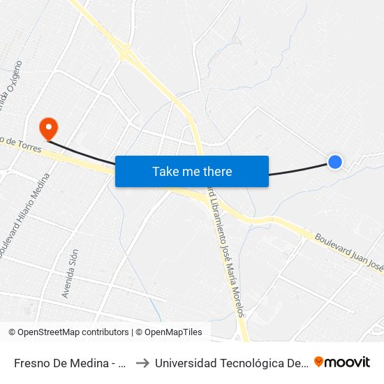 Fresno De Medina - Lomas De Medina to Universidad Tecnológica De México Campus León map