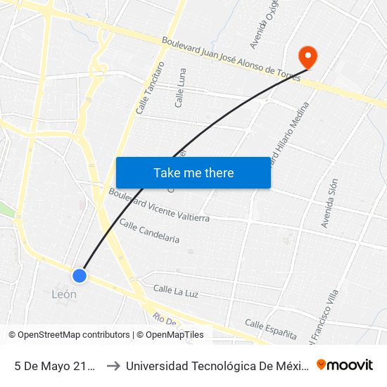 5 De Mayo 216 - Centro to Universidad Tecnológica De México Campus León map