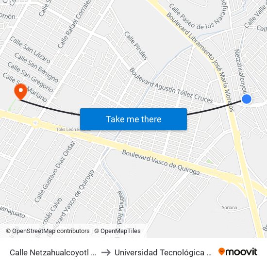 Calle Netzahualcoyotl 123 - Prado Hermoso to Universidad Tecnológica De México Campus León map