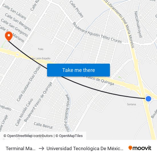 Terminal Maravillas to Universidad Tecnológica De México Campus León map