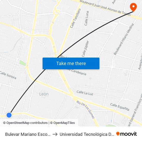 Bulevar Mariano Escobedo -  Loma Bonita to Universidad Tecnológica De México Campus León map