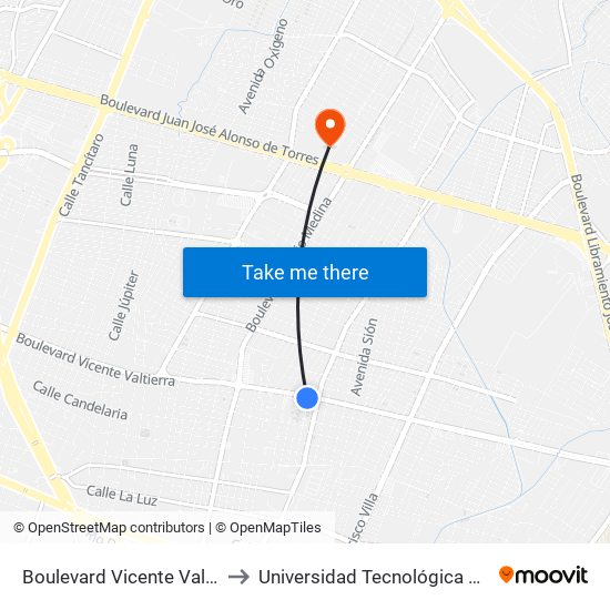 Boulevard Vicente Valtierra -  La Candelaria to Universidad Tecnológica De México Campus León map