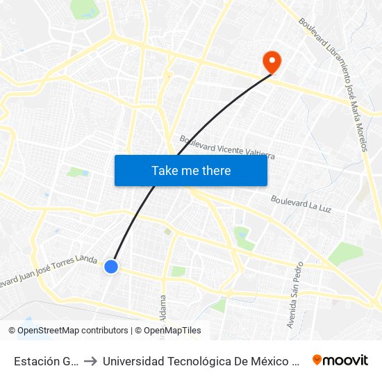 Estación Gaona to Universidad Tecnológica De México Campus León map