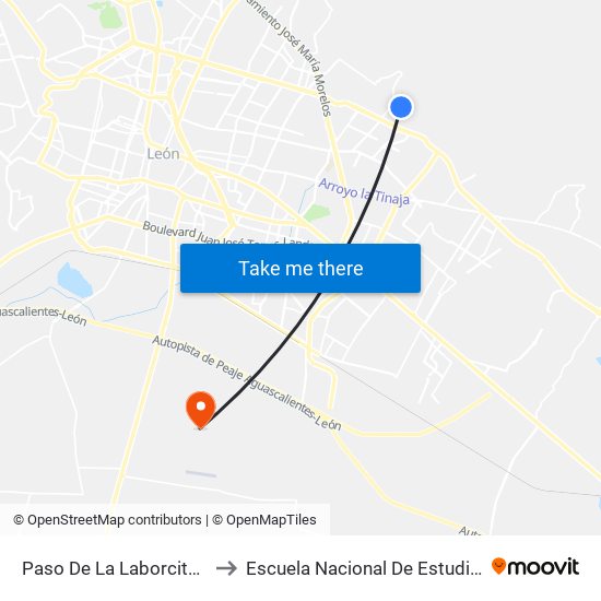 Paso De La Laborcita - La Esperanza to Escuela Nacional De Estudios Superiores León map