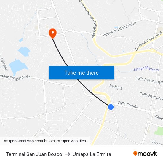 Terminal San Juan Bosco to Umaps La Ermita map