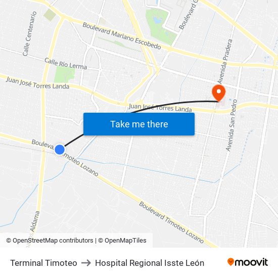 Terminal Timoteo to Hospital Regional Isste León map