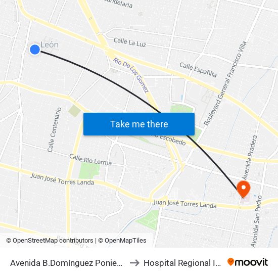Avenida B.Domínguez Poniente A -  Centro to Hospital Regional Isste León map