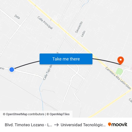Blvd. Timoteo Lozano -  La Libertad to Universidad Tecnológica De León map