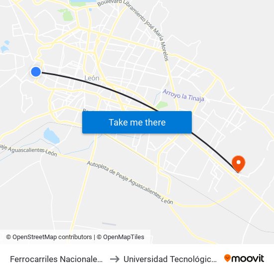 Ferrocarriles Nacionales - El Faro to Universidad Tecnológica De León map