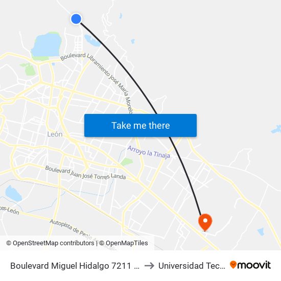 Boulevard Miguel Hidalgo 7211 -  Valle De Los Castillos Poniente to Universidad Tecnológica De León map