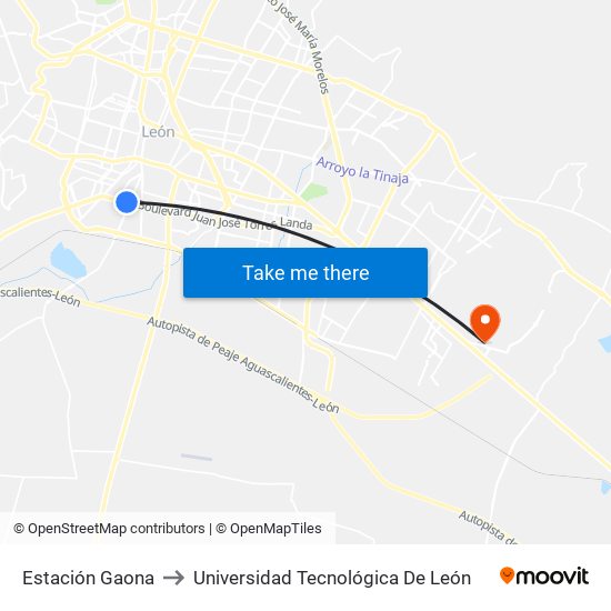 Estación Gaona to Universidad Tecnológica De León map