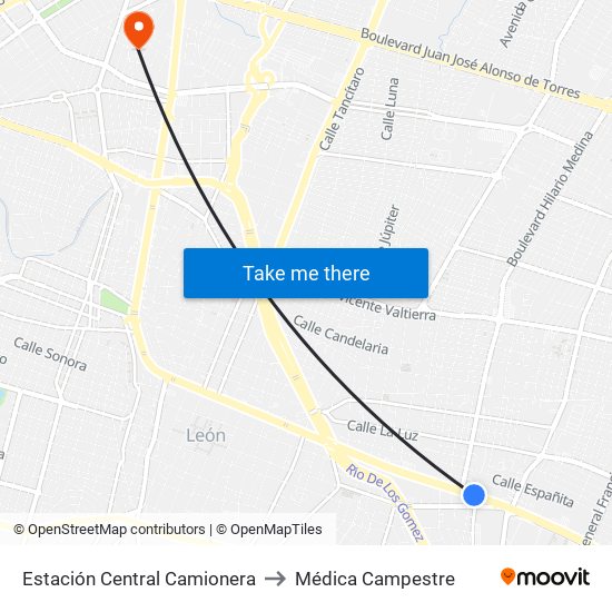 Estación Central Camionera to Médica Campestre map