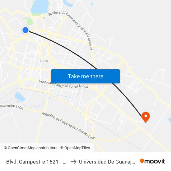 Blvd. Campestre 1621 - Predio Cerro Gordo to Universidad De Guanajuato Campus León map
