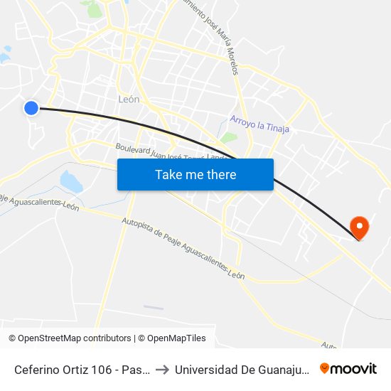 Ceferino Ortiz 106 - Paseos De Miravalle to Universidad De Guanajuato Campus León map