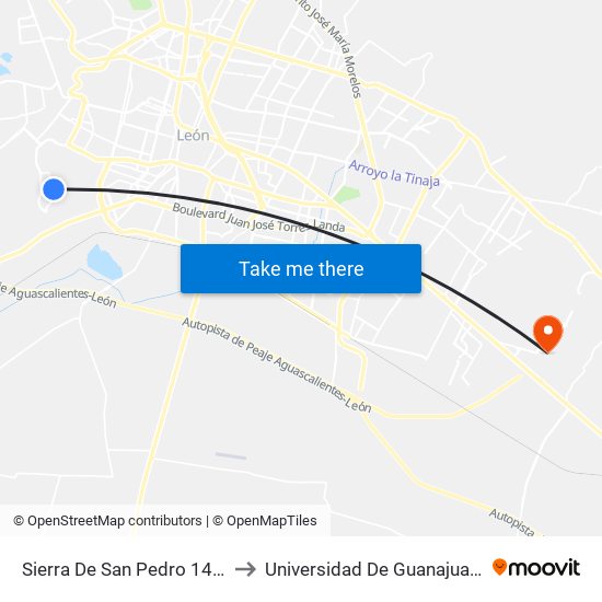Sierra De San Pedro 142 - Las Hilamas to Universidad De Guanajuato Campus León map