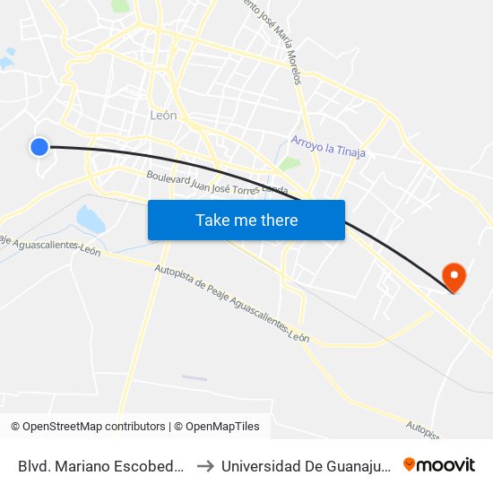 Blvd. Mariano Escobedo Oriente - León II to Universidad De Guanajuato Campus León map