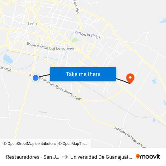 Restauradores - San Jose De Duran to Universidad De Guanajuato Campus León map
