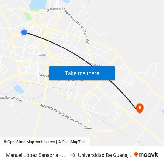 Manuel López Sanabria - Lomas Del Campestre to Universidad De Guanajuato Campus León map