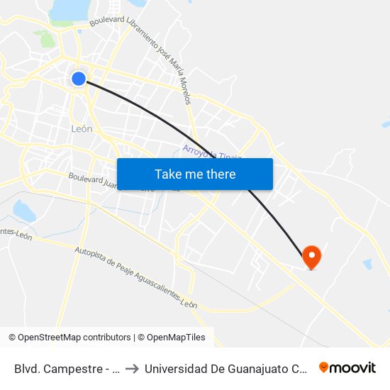 Blvd. Campestre - Peñitas to Universidad De Guanajuato Campus León map