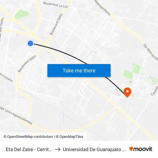 Eta Del Zaire - Cerrito De Jerez to Universidad De Guanajuato Campus León map