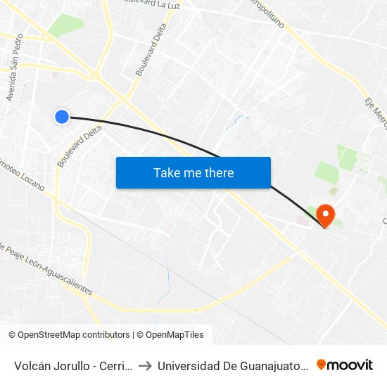 Volcán Jorullo - Cerrito De Jerez to Universidad De Guanajuato Campus León map