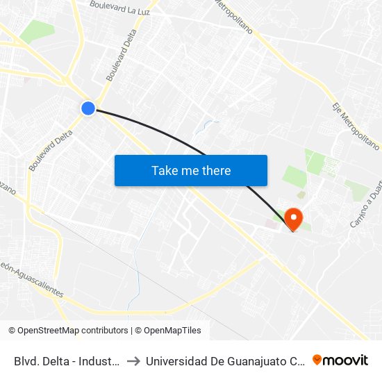 Blvd. Delta - Industrial Delta to Universidad De Guanajuato Campus León map