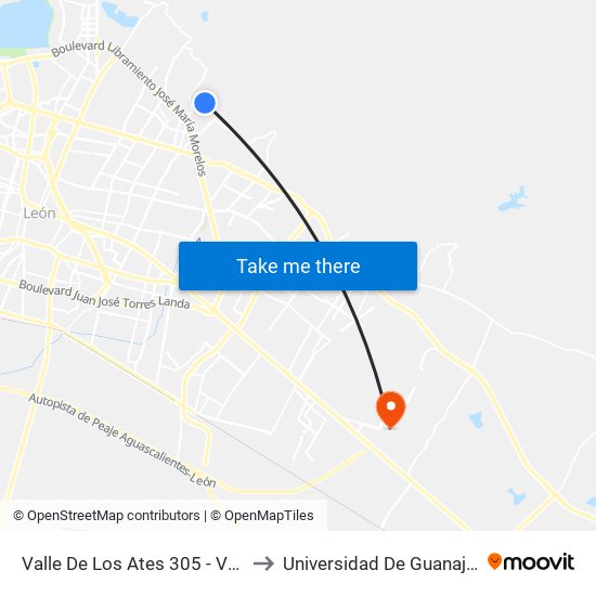 Valle De Los Ates 305 - Valle De San Bernanrdo to Universidad De Guanajuato Campus León map