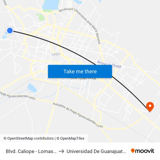 Blvd. Caliope - Lomas Del Mirador to Universidad De Guanajuato Campus León map