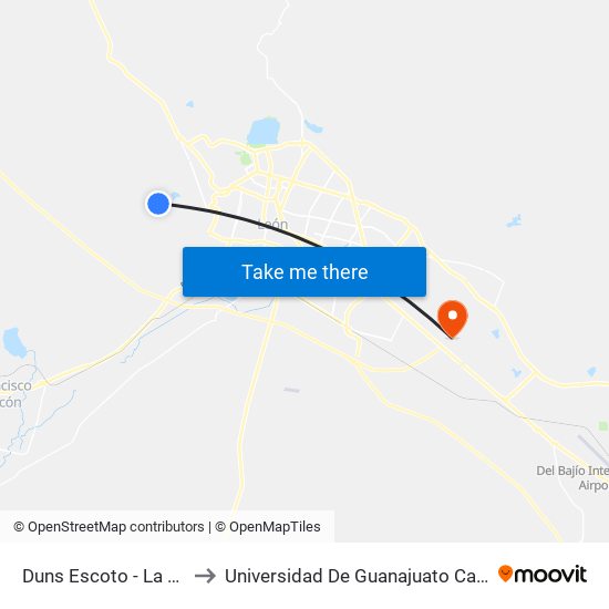 Duns Escoto - La Soledad to Universidad De Guanajuato Campus León map