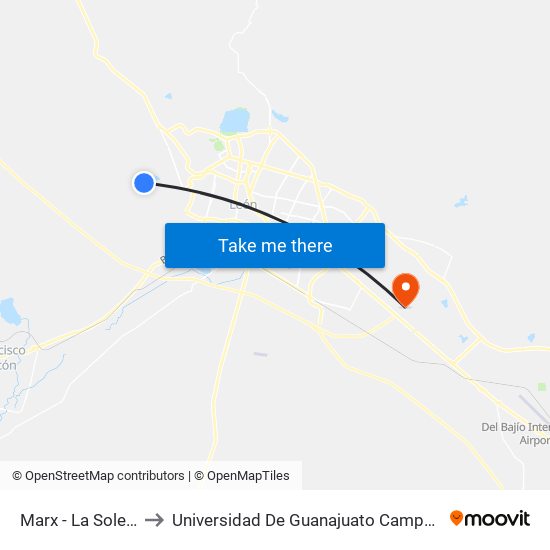 Marx - La Soledad to Universidad De Guanajuato Campus León map