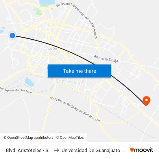 Blvd. Aristóteles - San Pedro to Universidad De Guanajuato Campus León map