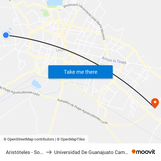 Aristóteles -  Soledad to Universidad De Guanajuato Campus León map