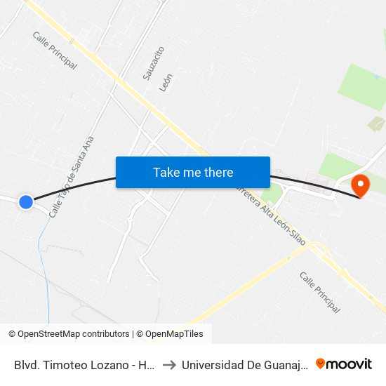 Blvd. Timoteo Lozano - Hacienda De San José to Universidad De Guanajuato Campus León map